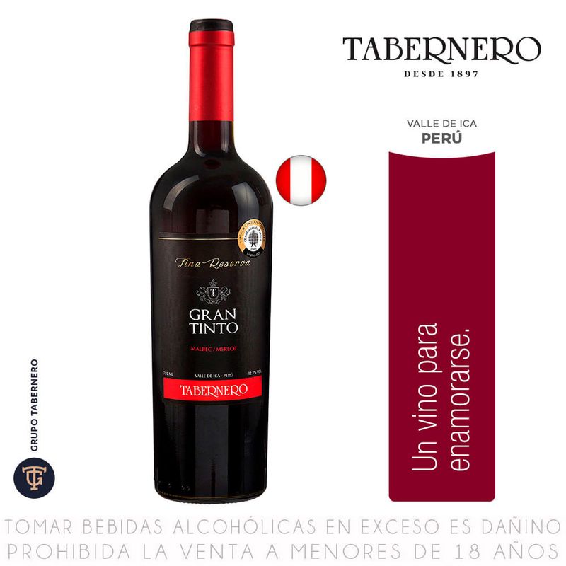 Vino Tinto Malbec Merlot Gran Reserva Tabernero Fina Reserva Botella 750ml