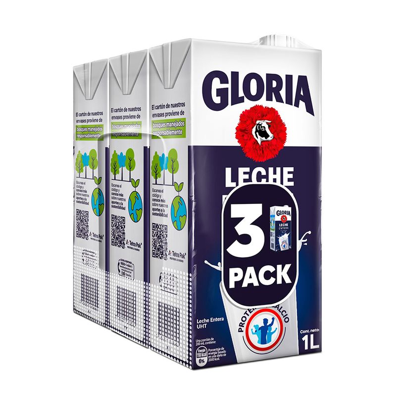 GLORIA LECHE ENTERA SIN LACTOSA H23 X1 LT. TRIPACK TTP., Franco Supermercado