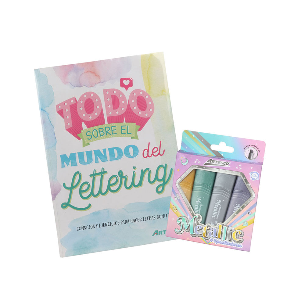 Pack Mundo Lettering Artesco + Resaltador Met x4 - Metro.pe