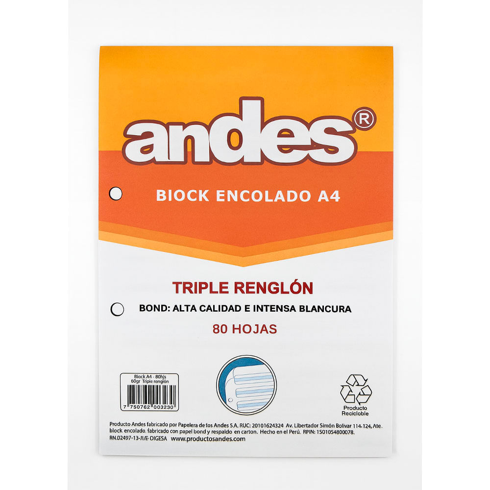 Block Andes Encolado A4 Triple Renglón 60gr 80h