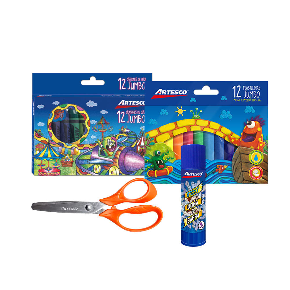 Pack Kinder Artesco(Crayones+Plastilinas+Tijeras+Goma de barra)