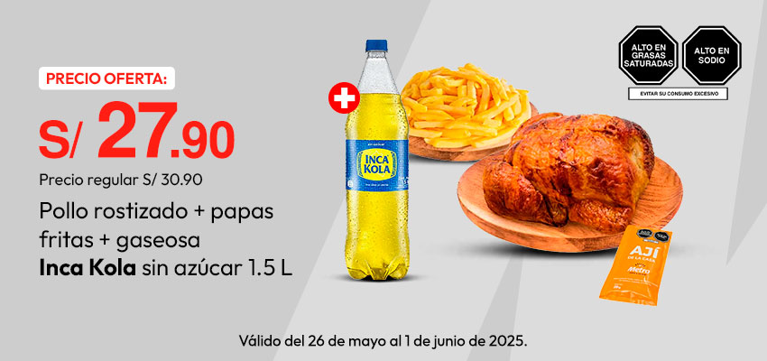 Pollo Rostizado + Papas Fritas + Gaseosa Inca Kola Sin Azúcar 1.5L