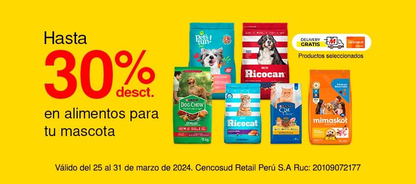 Hasta 30% de desct. en alimentos para tu mascota + delivery gratis con TC en productos seleccionados 