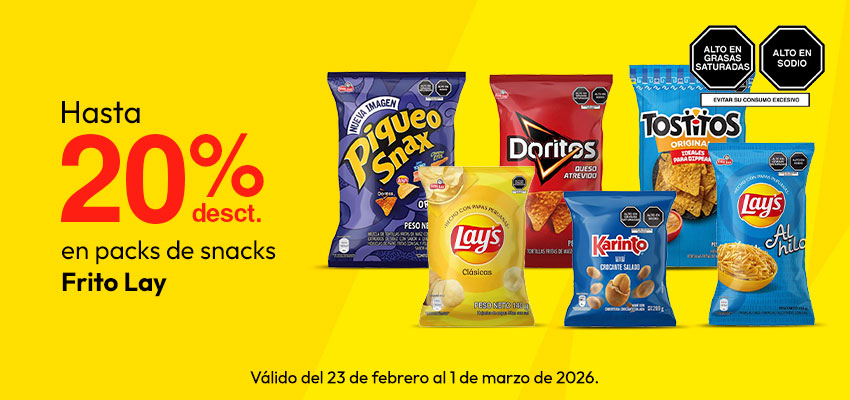 Hasta 20% desct. en packs de  snacks Frito Lay