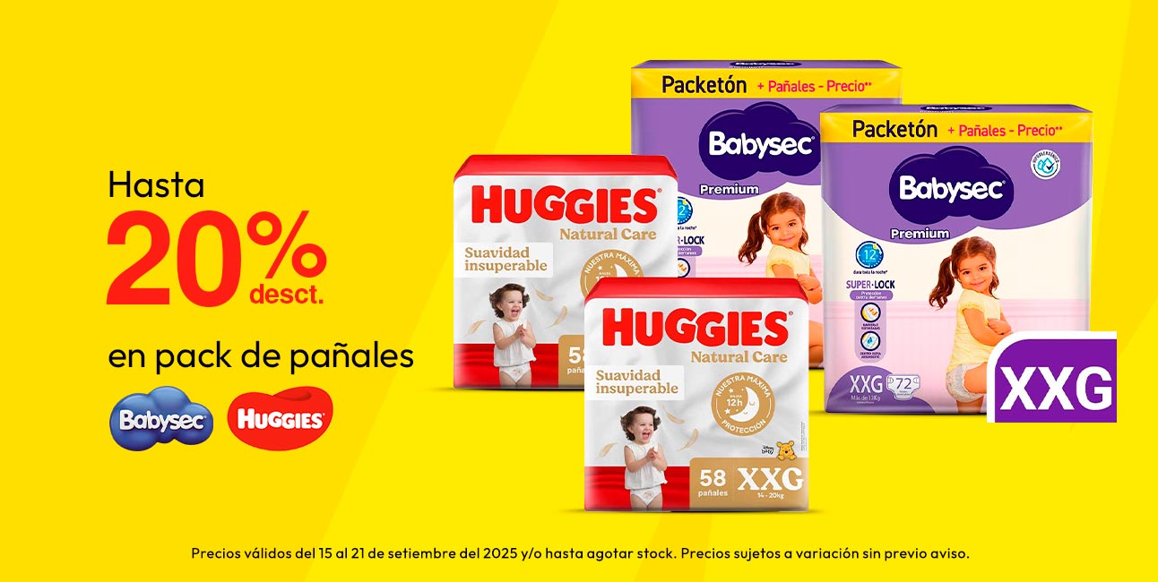 Hasta 20% desct en pack de pañales Huggies y Babysec