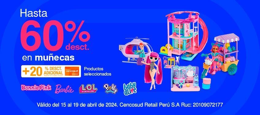 Hasta 60% de desct. en Muñecas (colocar logo BONNIE PINK, BARBIE-LOL SURPRISE-POLLY POCKET-BABY ALIVE) +  20% de desct. adicional con TC en productos seleccionados