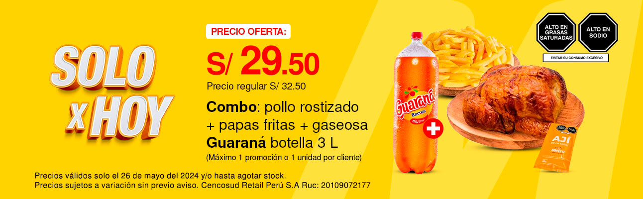Combo: Pollo Rostizado + Papas Fritas + Gaseosa Guaraná Botella 3L  (Máximo 1 promoción o 1 unidad por cliente)