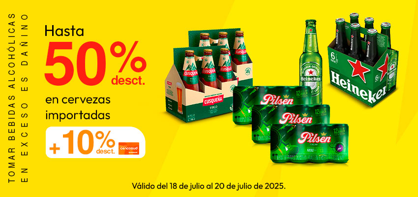 Hasta 50% de desct. en Cervezas Importadas y Nacionales + 10% de desct. adicional con TC