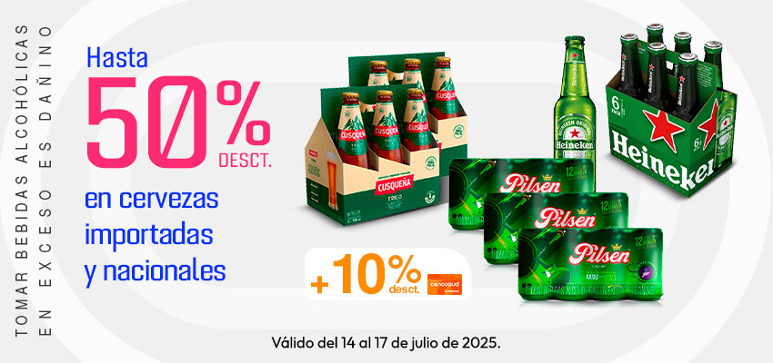 Hasta 50% de desct. en Cervezas Importadas y Nacionales + 10% de desct. adicional con TC