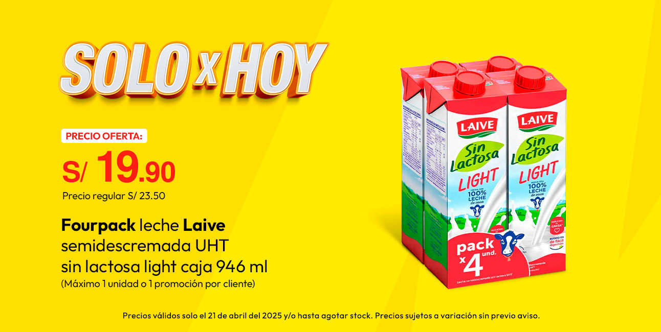 Fourpack Leche Semidescremada UHT Laive Sin Lactosa Light Caja 946ml (Máximo 1 promoción o 1 unidad por cliente)