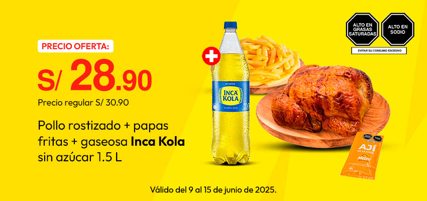 Pollo Rostizado + Papas Fritas + Gaseosa Inca Kola Sin Azúcar 1.5L