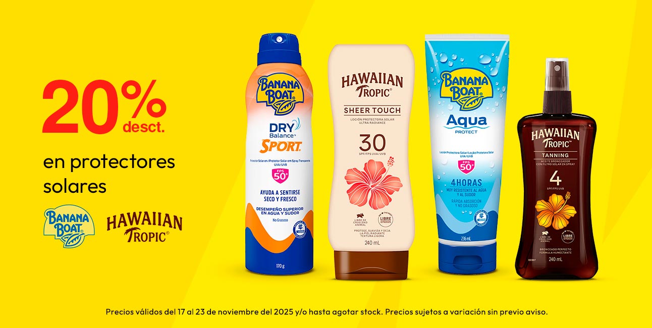 20%Desct en protectores solares Hawaiian tropic y Banana boat