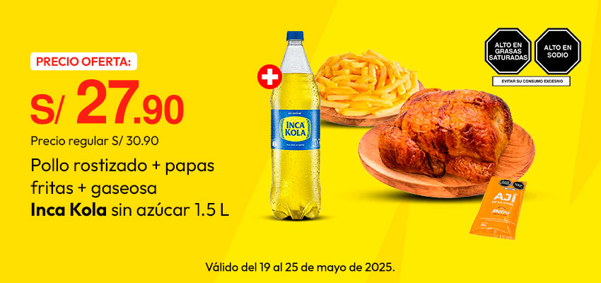 Pollo Rostizado + Papas Fritas + Gaseosa Inca Kola Sin Azúcar 1.5L