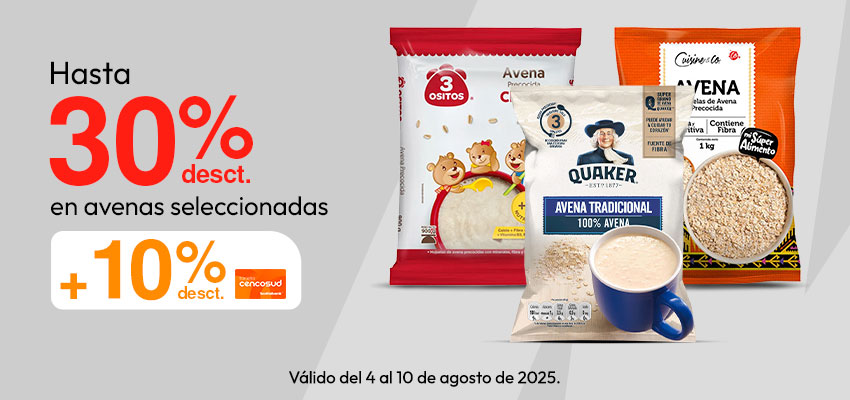 Hasta 30% de desct. en Avenas Seleccionadas + 10% de desct adic. pagando con TC