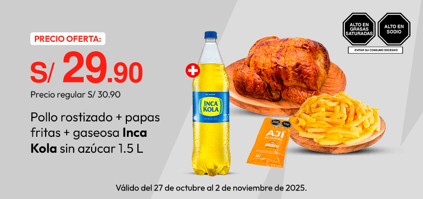 Pollo Rostizado + Papas Fritas + Gaseosa Inca Kola Sin Azúcar 1.5L