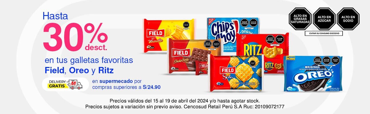 Hasta 30% de dsct. en tus galletas favoritas Field, Oreo y Ritz + delivery gratis en supermecado por compras superiores a S/24.90