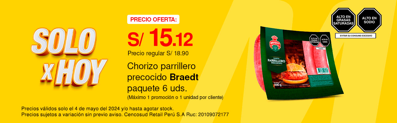 Chorizo Parrillero Precocido Braedt Paquete 6 unid (Máximo 1 promoción o 1 unidad por cliente)