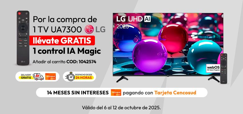 Por la compra de 1 TV LG UA7300, llévate GRATIS control IA MAGIC (Agregar CÓD. 1042574 al carrito)
