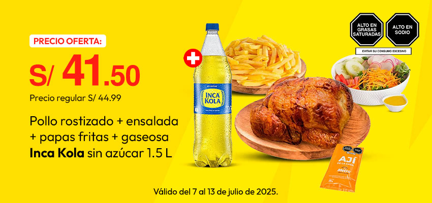 Pollo Rostizado + Papas Fritas + Ensalada + Gaseosa Inca Kola Sin Azúcar 1.5L