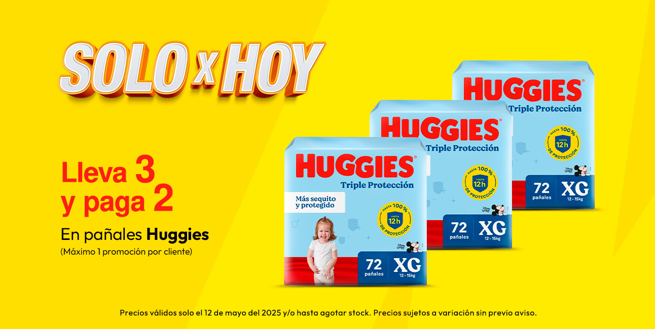 Lleva 3 y paga 2 en Pañales Huggies (Máximo 1 promocion  por cliente)