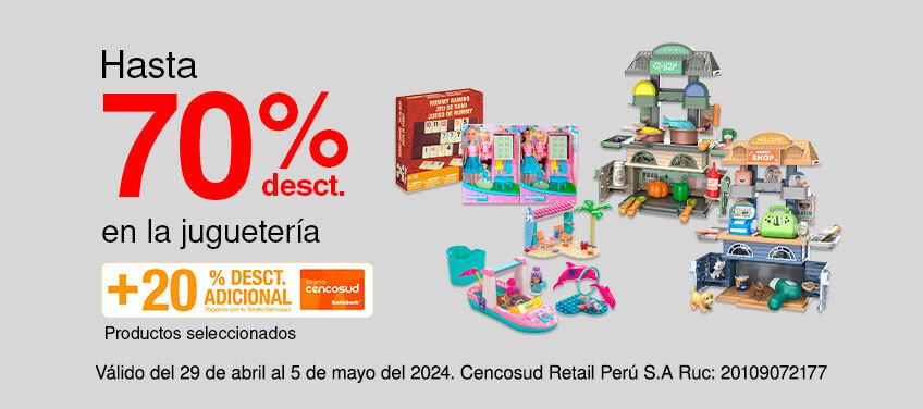 Hasta 70% de desct en  la jugueteria  + 20% de desct. en productos seleccionados 