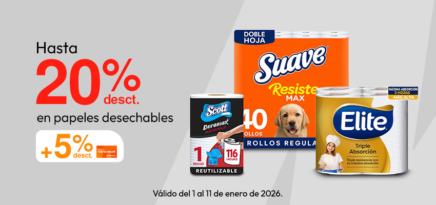 Hasta 20% desct en papeles desechables + 5% desct en tarjeta Cencosud