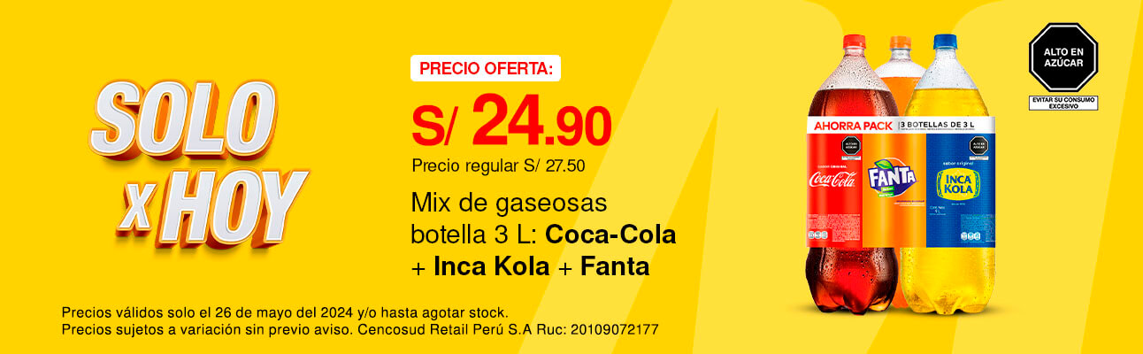 Mix de Gaseosas Botella 3L: Coca Cola + Inca Kola + Fanta