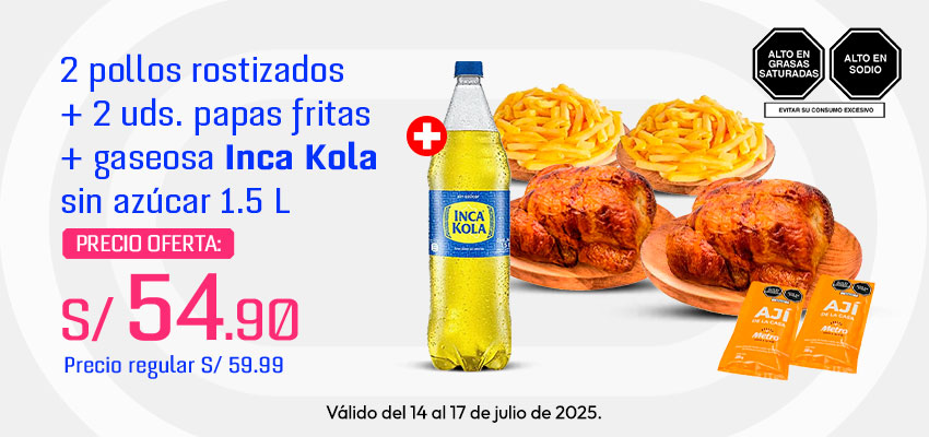 2 Pollo Rostizado + 2un Papas Fritas + Gaseosa Inca Kola Sin Azúcar 1.5L