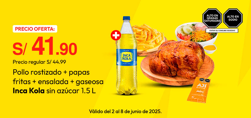 Pollo Rostizado + Papas Fritas + Ensalada + Gaseosa Inca Kola Sin Azúcar 1.5L