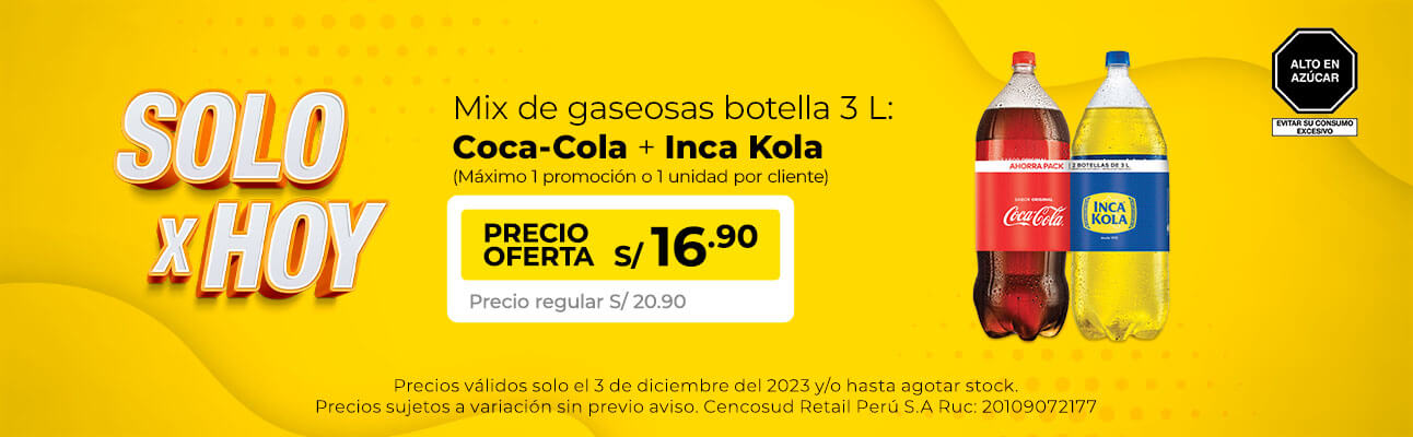 Mix de gaseosas Botella 3L: Coca Cola + Inca Kola (Máximo 1 promoción o 1 unidad por cliente)