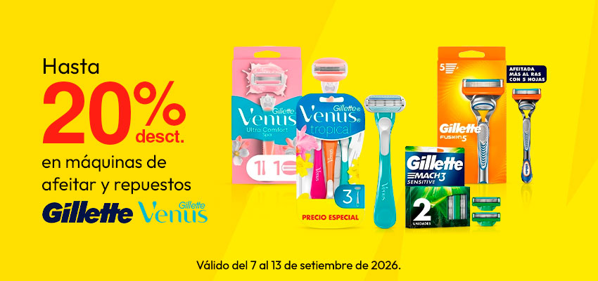 Hasta 20% desct en maquinas de afeitar y repsuestos Gillette y Venus